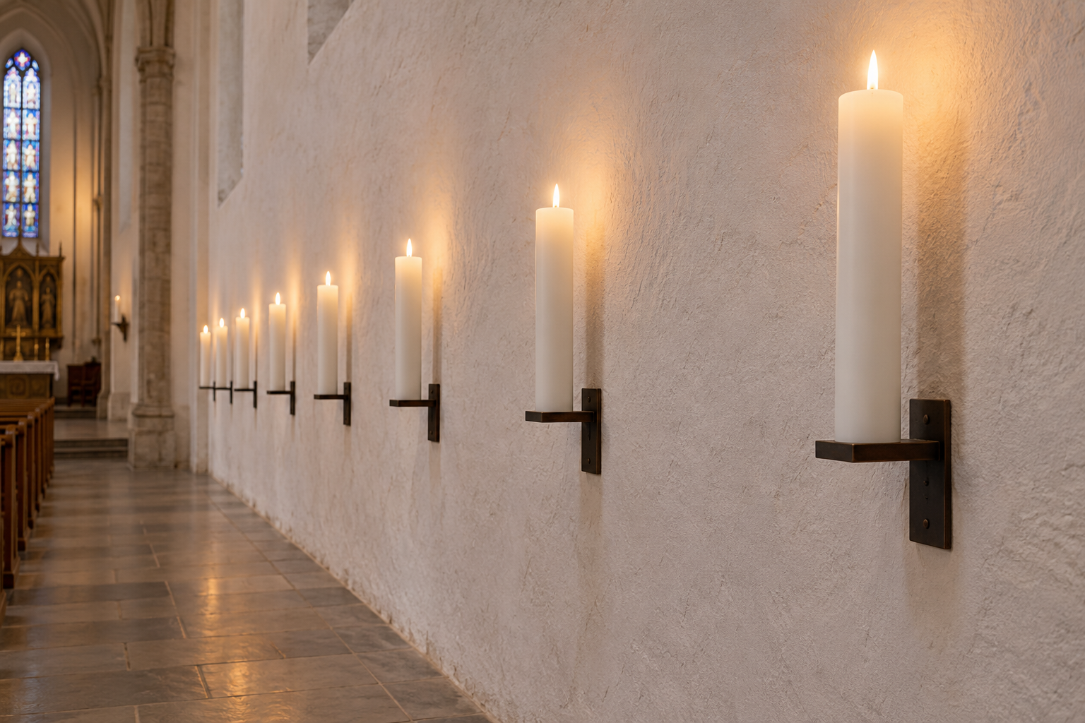 Stemningsfuld kirke med lysestage