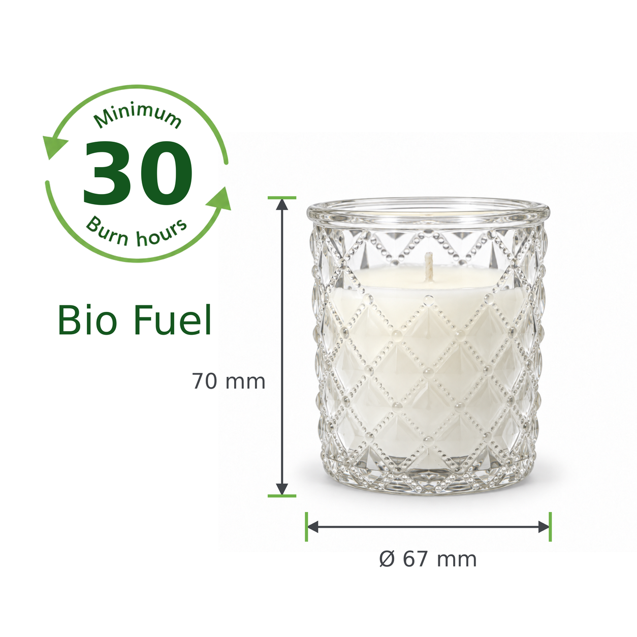 Glaslys Bio ø 7,5 x 7 cm Hexogane 30 timer 12 stk i brug