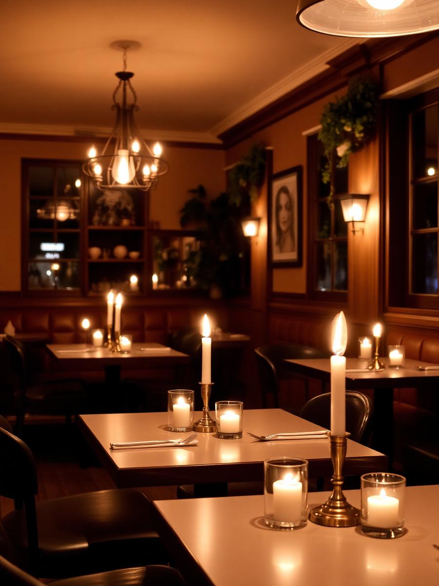 Stemningsfuldt restaurantmiljø med tændte lys