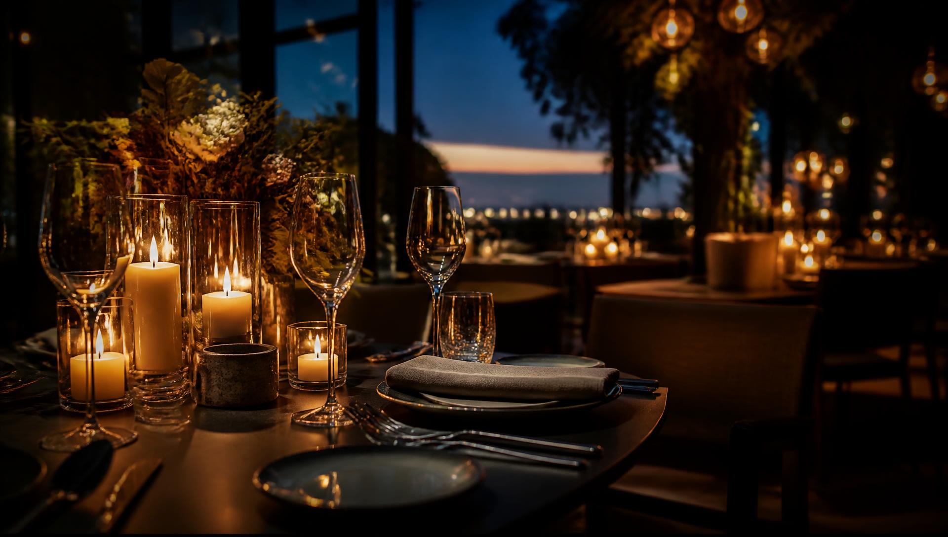 Stemningsfuldt dækket bord med tændte lys i restaurant